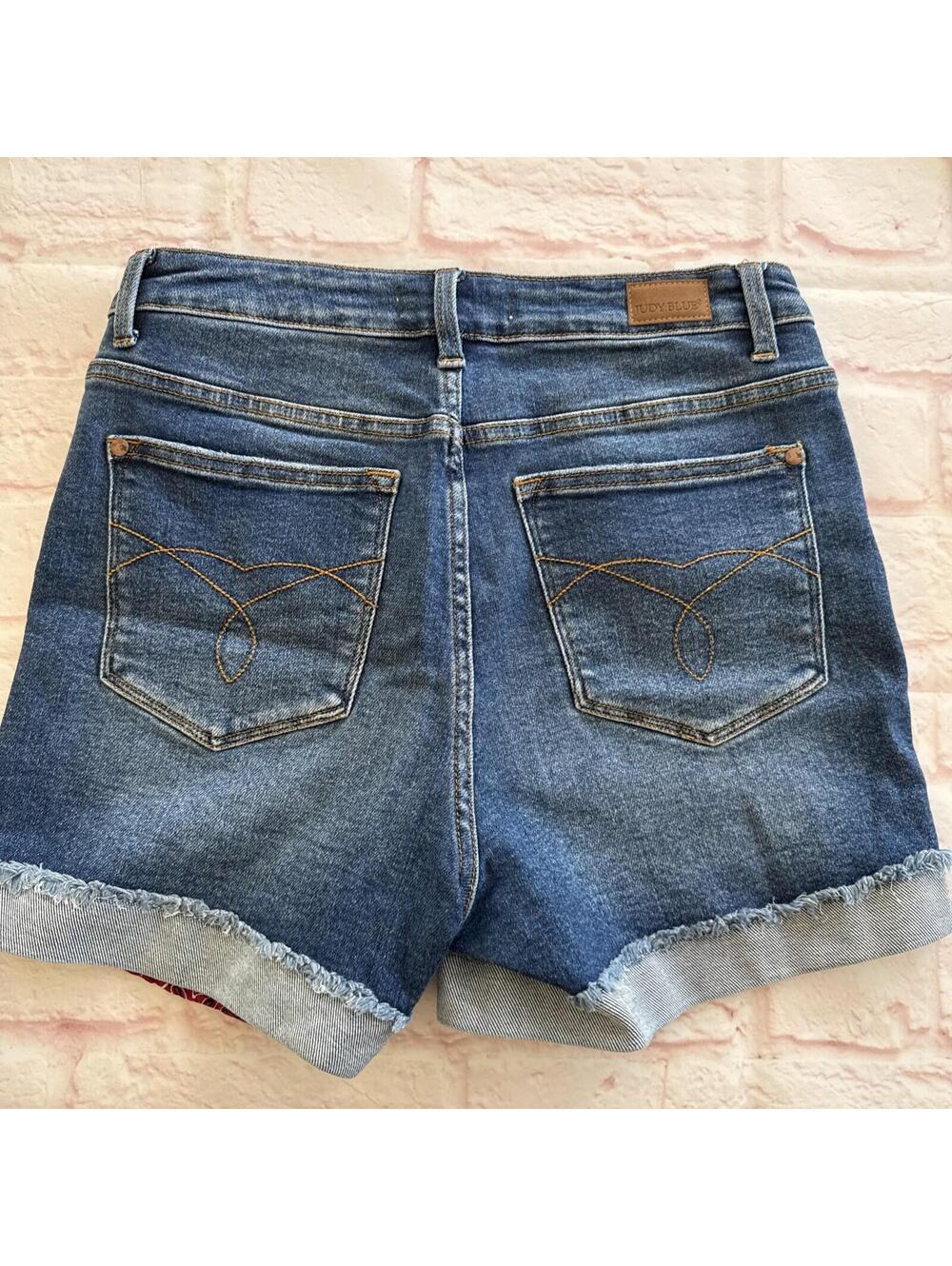 Judy Blue Cut Off Denim Jean Shorts Red Bandana Pockets L Large NWOT jb150162 - Picture 3 of 8